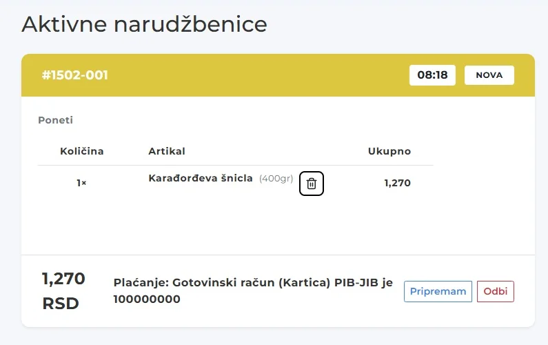Uvećana kartica aktivne porudžbine u DigitalMeni backoffice-u